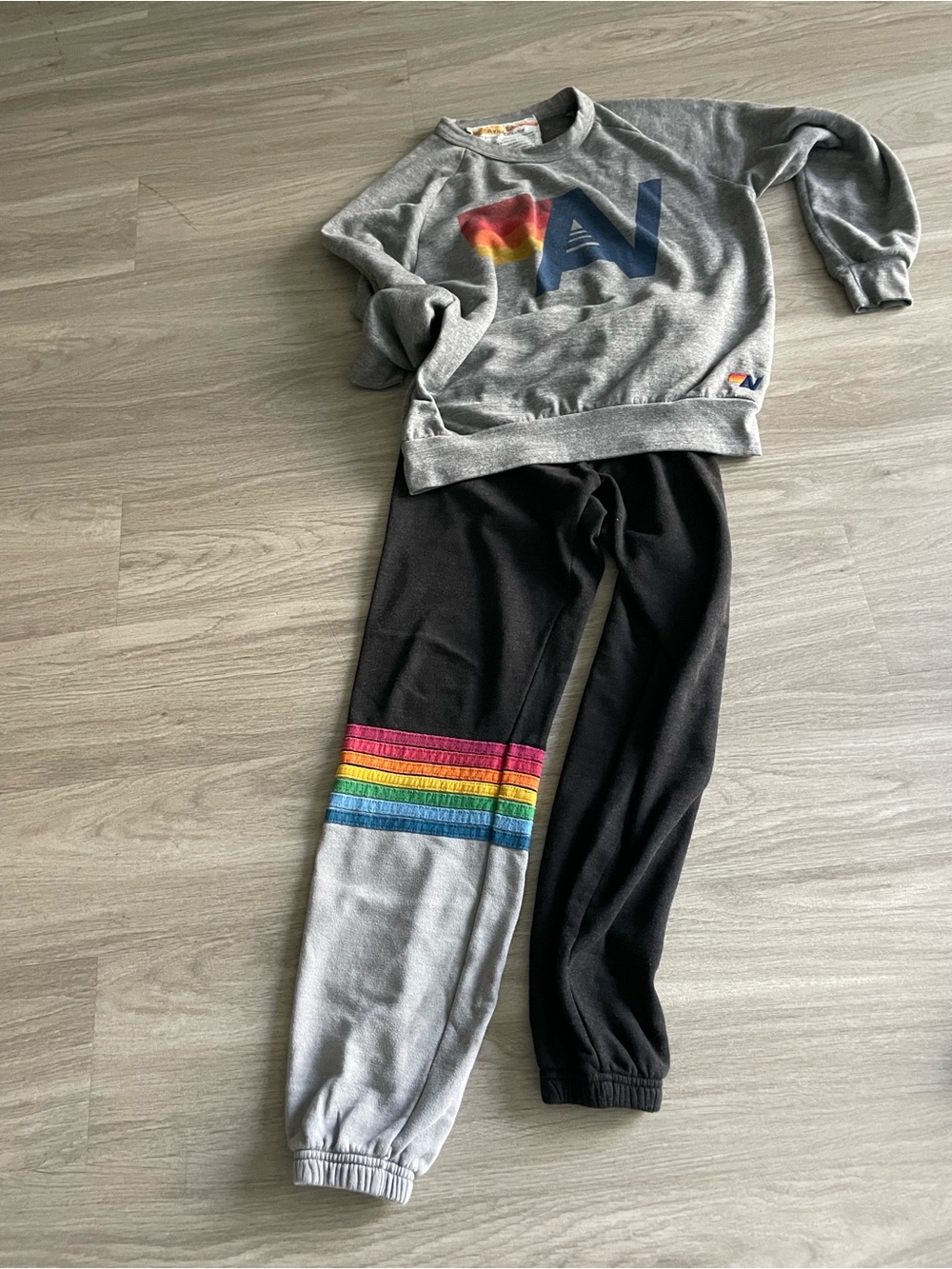 Aviator Nation Grey Sweatshirt & Black Joggers with Rainbow Stripes